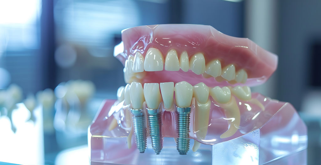 Deux implants posés côte à côte sur fond noir velours, vis titane gris à gauche et vis zircone blanche à droite, avec miroir dentaire au premier plan