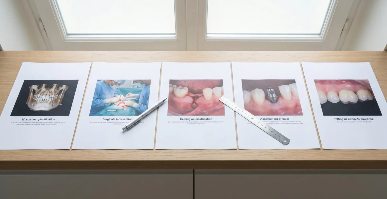 Vue du dessus de six documents posés sur un bureau de dentiste, chaque document illustrant une étape réelle de la pose d'un implant, disposés en séquence horizontale